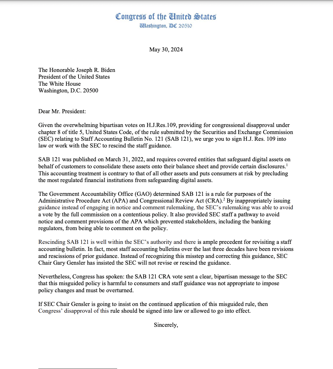 Senator Lummis sends letter to Biden urging no veto for SAB 121 repeal