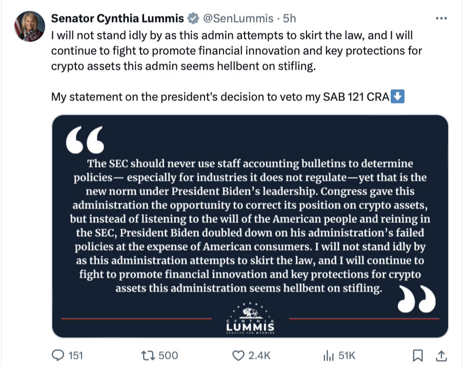 Biden misses chance to 'correct' position on crypto — Senator Lummis