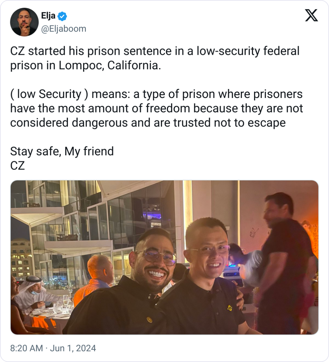 Binance founder CZ receives support from crypto community as jail term starts