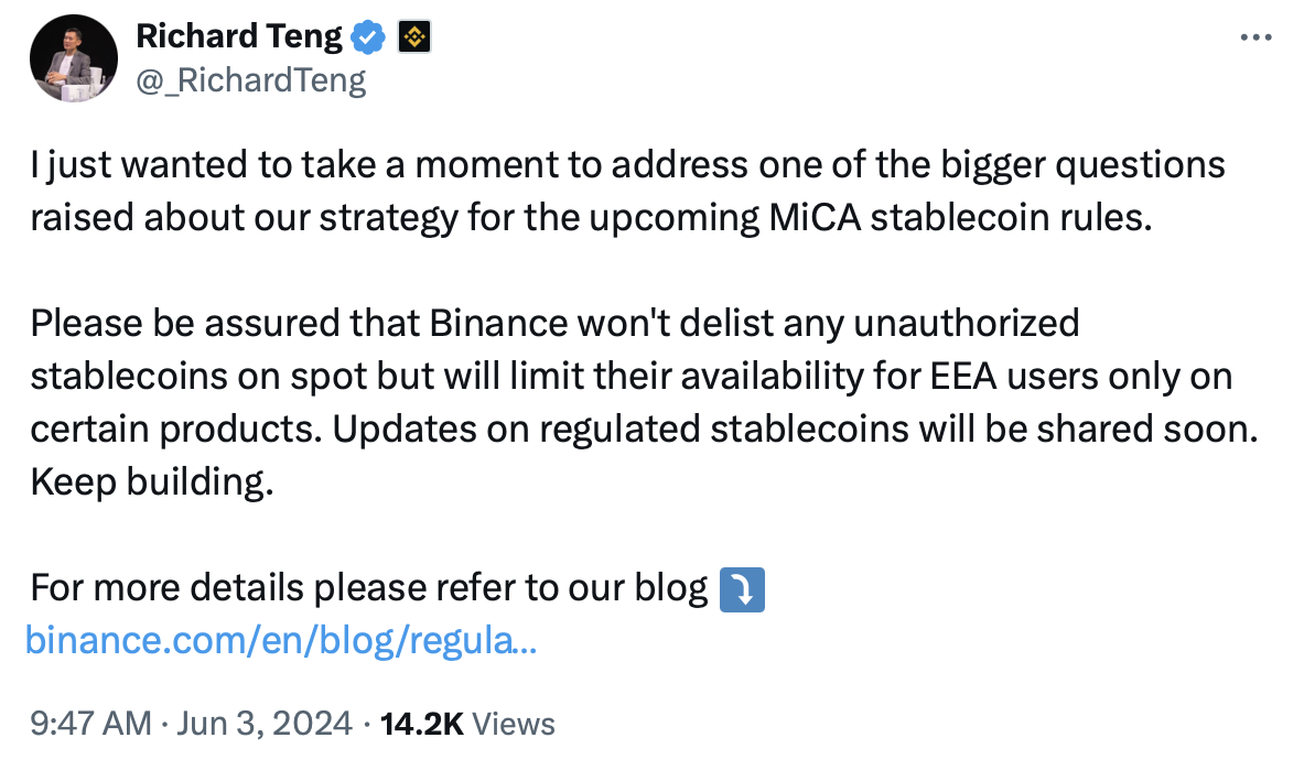 Binance prepares for MiCA rules, updates stablecoin strategy