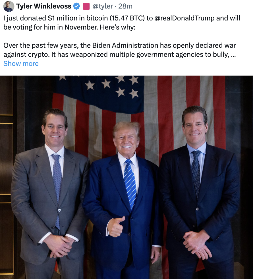 Winklevoss twins pledge $2M for Trump, claiming Biden waged war on crypto