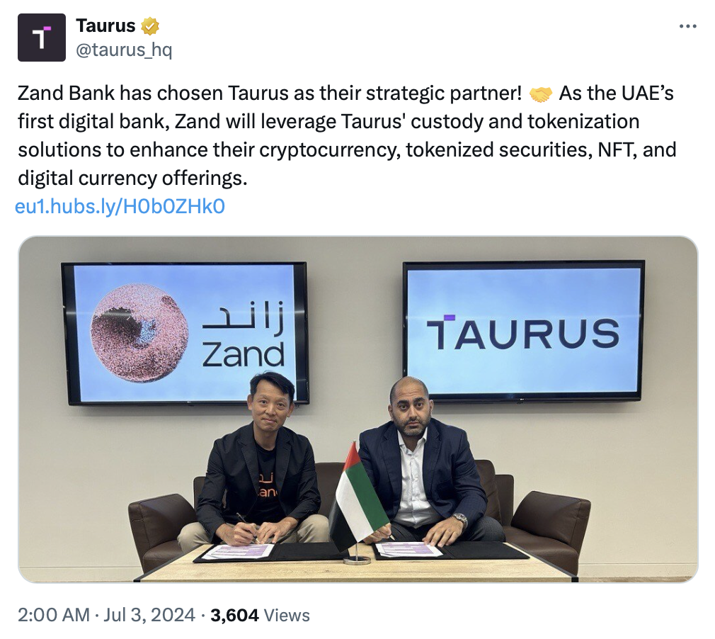 Taurus enhances Zand Bank’s crypto, tokenization services in UAE