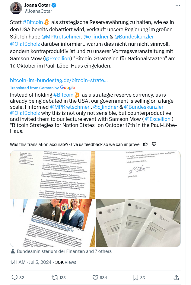 German MP urges government to stop ‘hasty’ Bitcoin sell-off