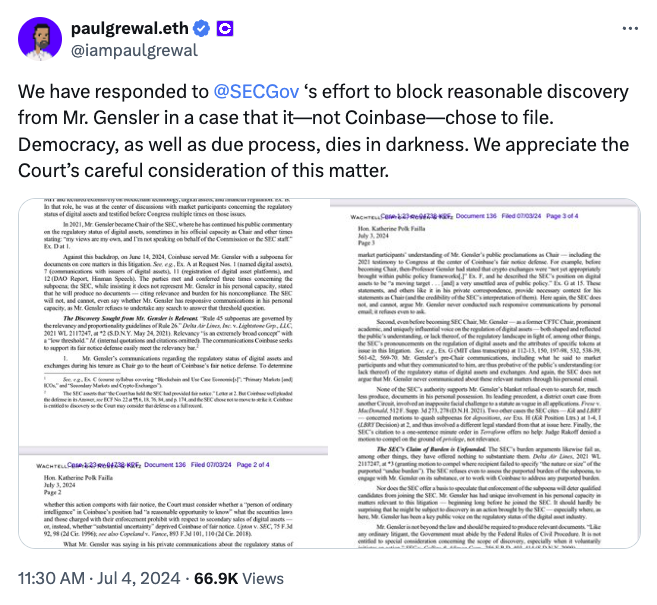 Coinbase continues to fight for access to Gensler’s private emails