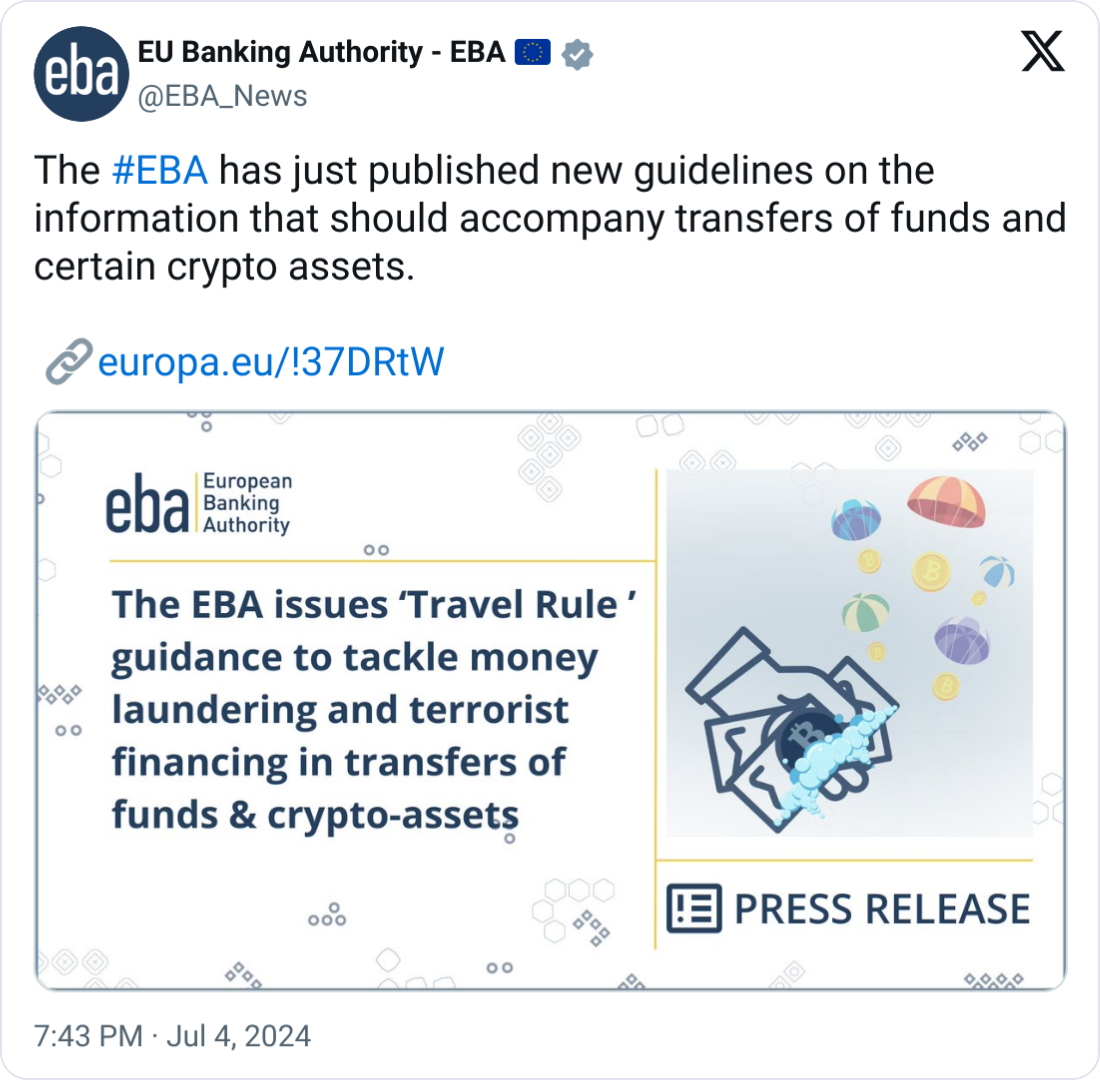 Crypto exchanges subject to EU Travel Rule in 6 months