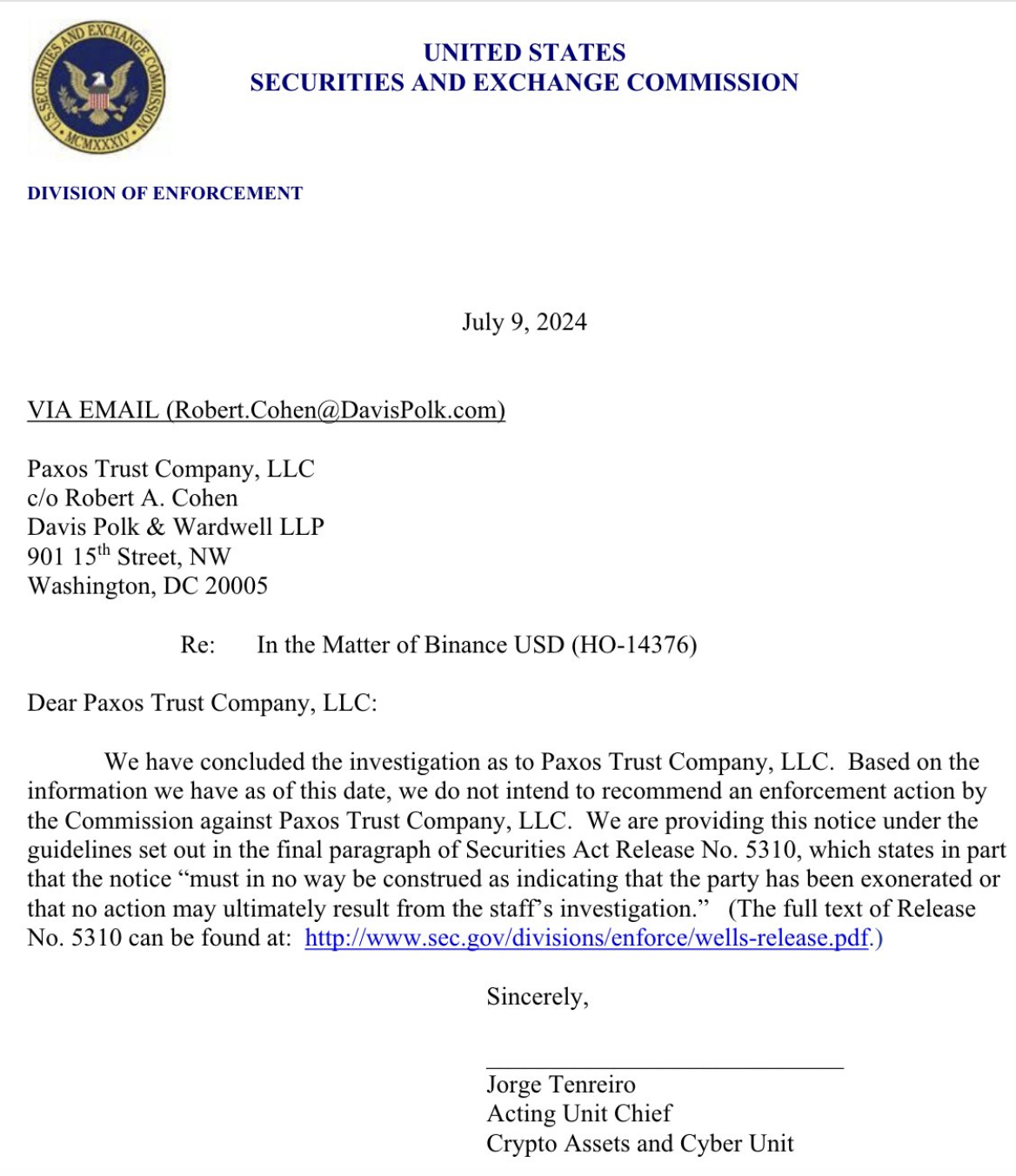 SEC will not pursue enforcement action against Paxos
