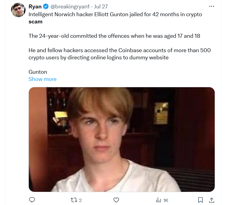 Hacker gets 3.5 years prison for $900K Coinbase login scam: Report