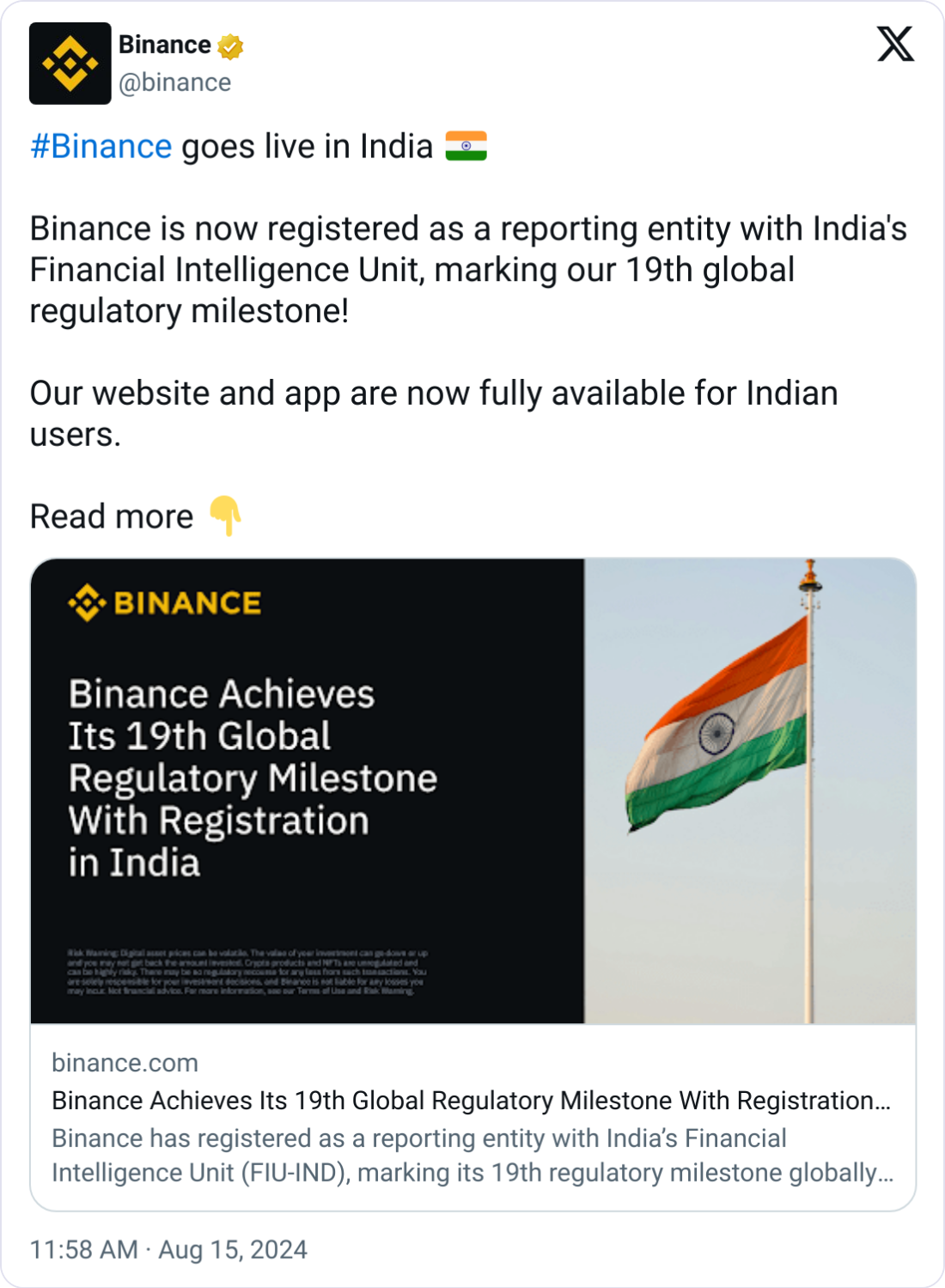 Binance returns to India as registered crypto exchange following 7-month ban