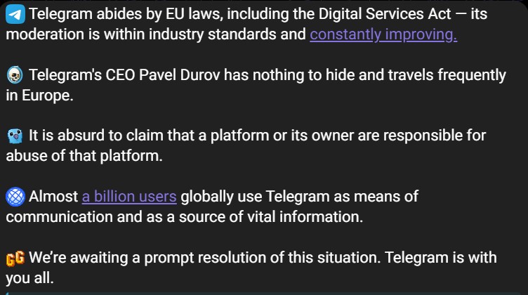 Telegram issues official statement on Pavel Durov detention
