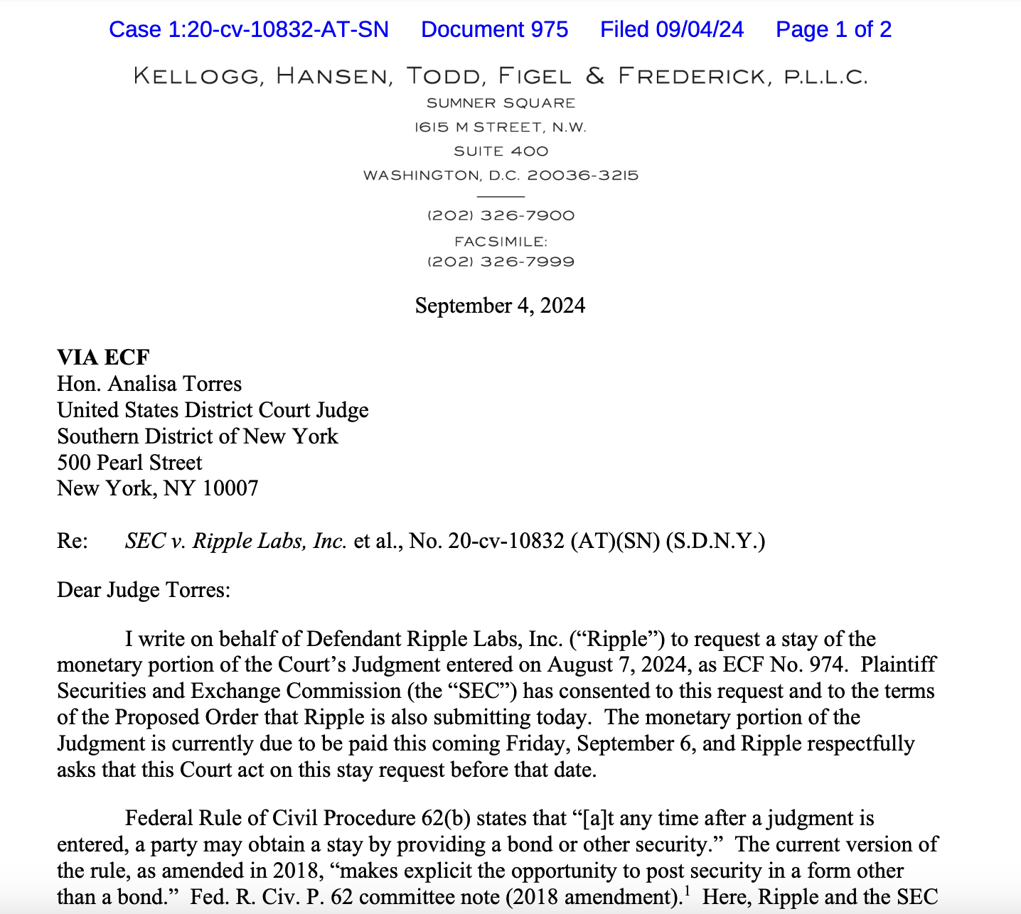 Ripple and SEC agree to stay $125M judgment, hinting at appeal