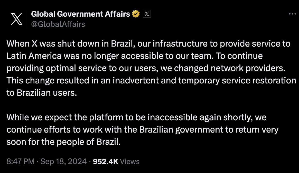 Shift to new server provider restores X in Brazil for some users