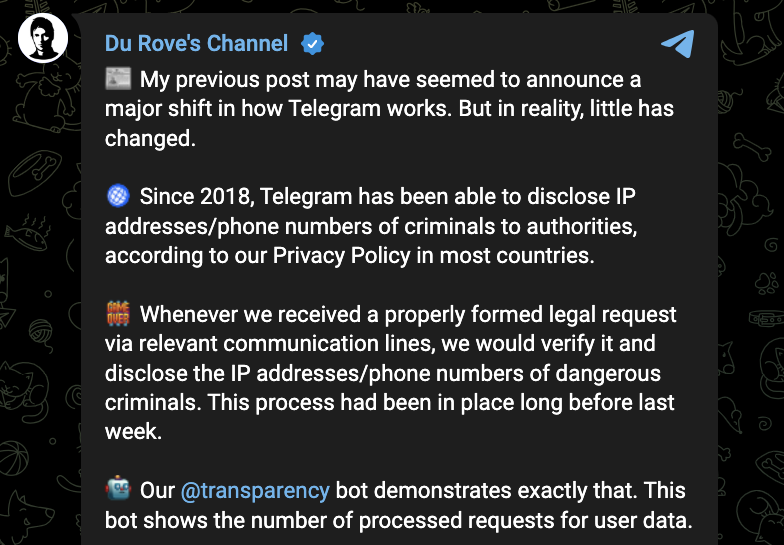 Telegram has been disclosing user IPs since 2018, Durov says