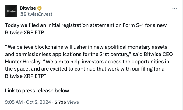 Bitwise files first Form S-1 for XRP ETF with US SEC