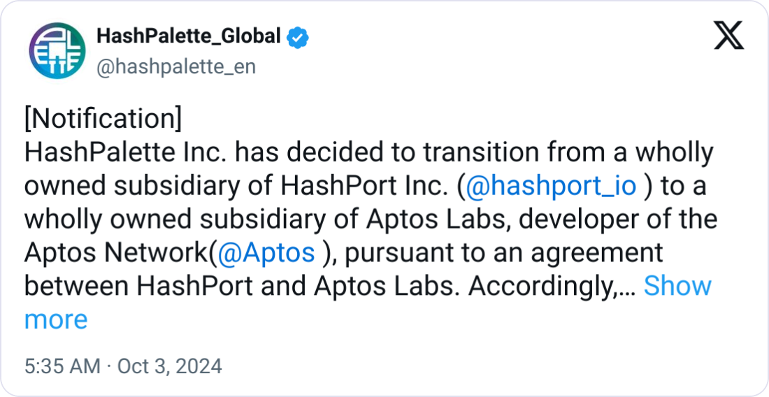 Aptos Labs enters Japan through HashPalette acquisition