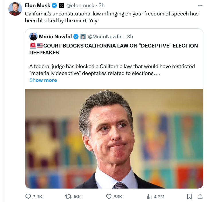 Judge finds new California election deepfake ban unconstitutional