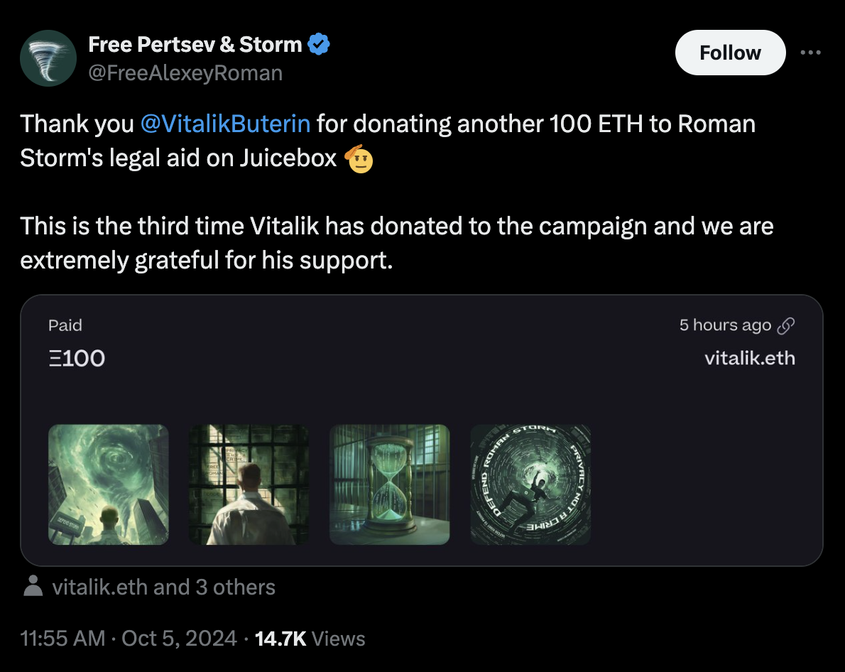 Vitalik Buterin donates 100 ETH to Roman Storm defense fund