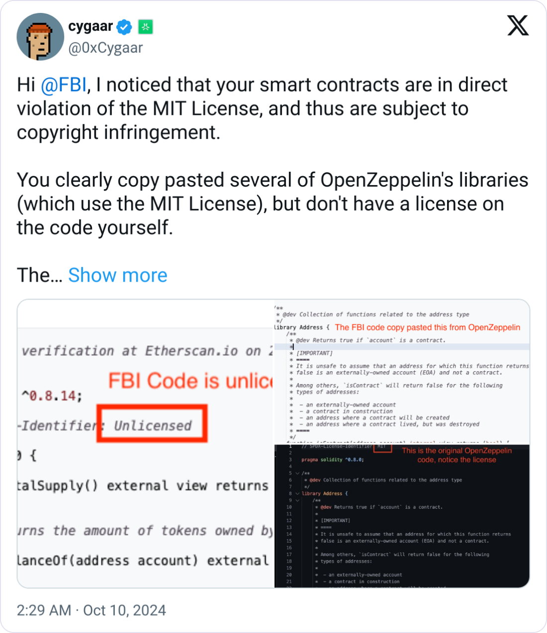 FBI accused of violating MIT License in smart contract code usage
