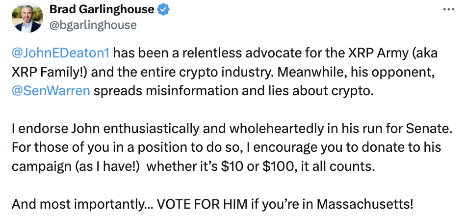 Ripple CEO endorses crypto lawyer in race against Sen. Warren