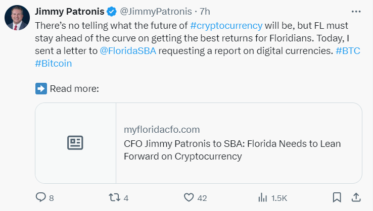 Florida official wants Bitcoin included in state pension funds