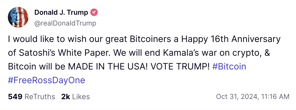 Donald Trump makes a last-minute appeal to crypto voters