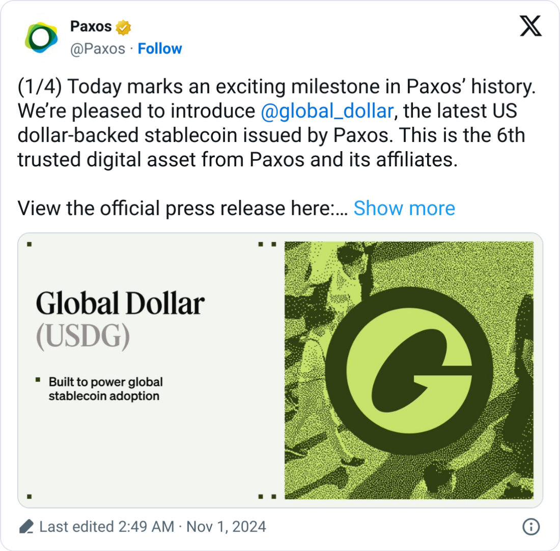 Paxos launches USD-backed USDG stablecoin with DBS Bank