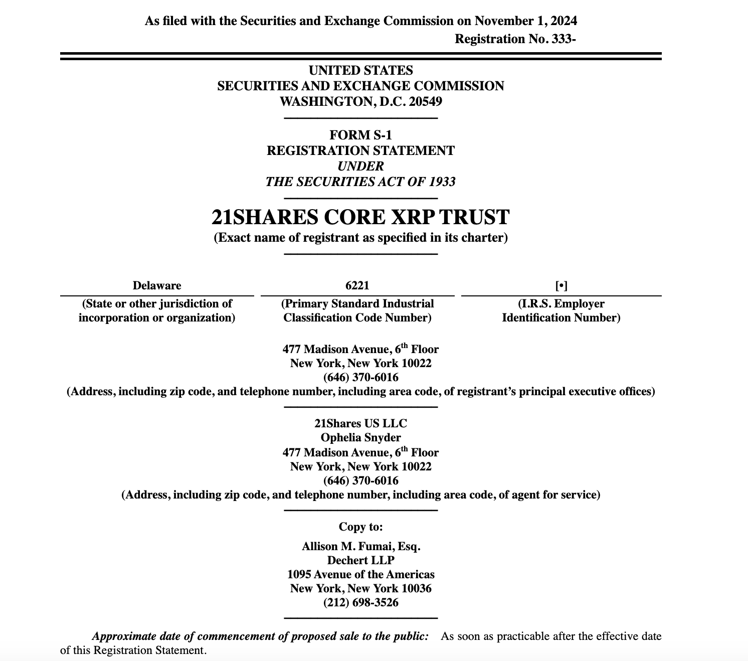 21Shares files Form S-1 with SEC for spot XRP ETF