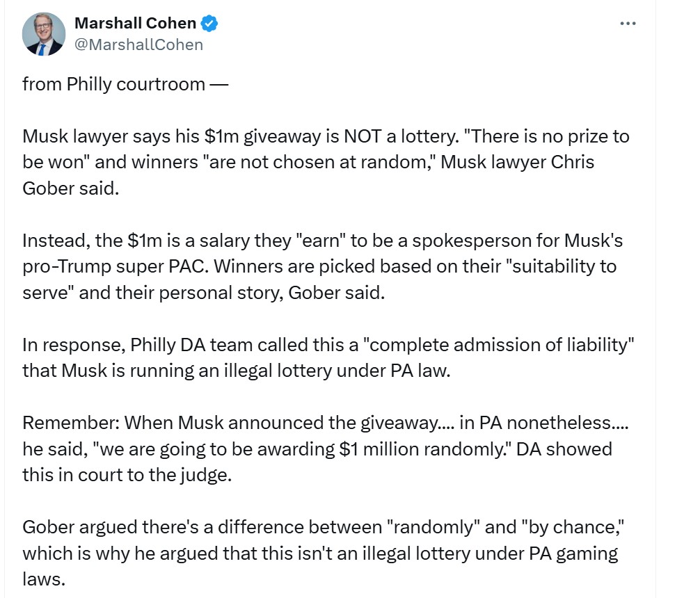 Musk could be charged after lawyer says $1M winners ‘not chosen by chance’