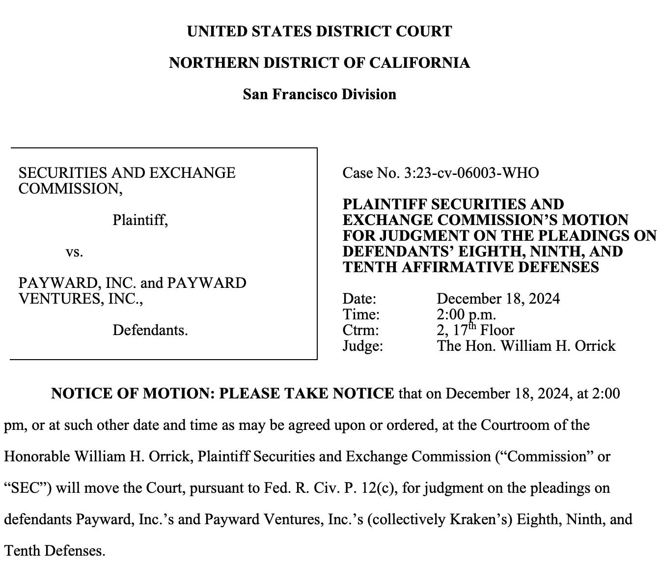 SEC seeks dismissal of Kraken defenses in ongoing legal dispute