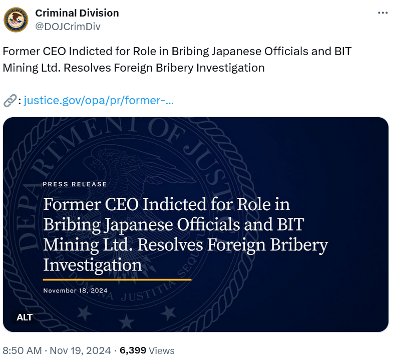BIT Mining to pay $10M fine for bribing Japanese politicians in former life