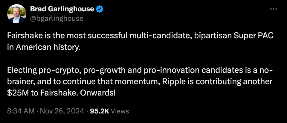 Ripple contributes another $25M to Fairshake PAC before US midterms