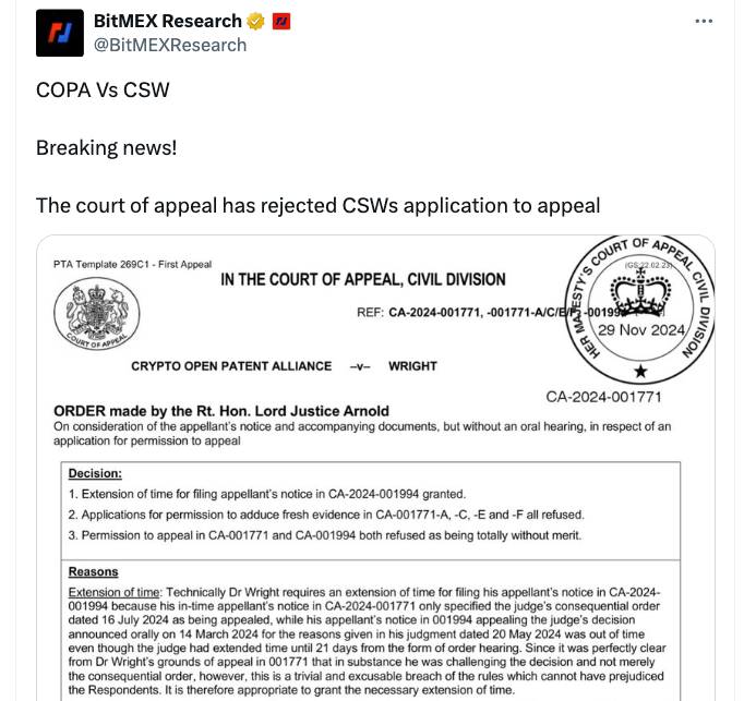Court blocks ‘Faketoshi’ Craig Wright’s appeal in Bitcoin creator case