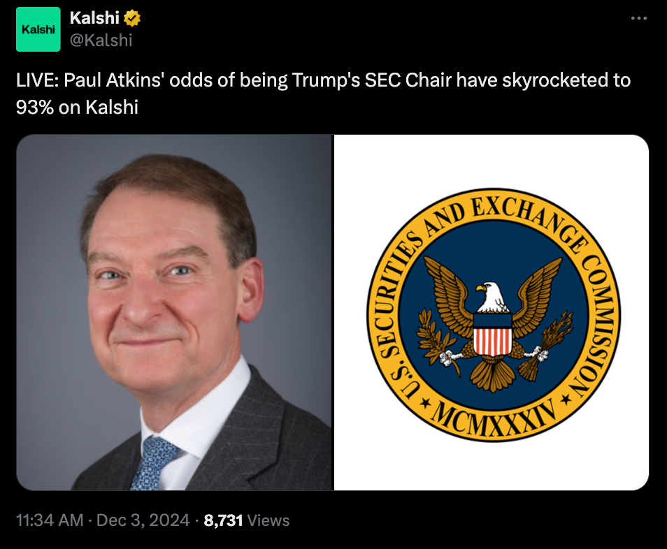 Kalshi gives Paul Atkins 93% odds to be Trump’s SEC Chair pick despite mixed reports