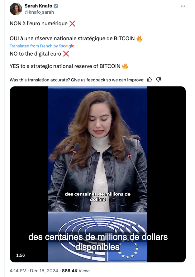 ‘No to CBDC, yes to Bitcoin’ — European MP calls for EU BTC reserve
