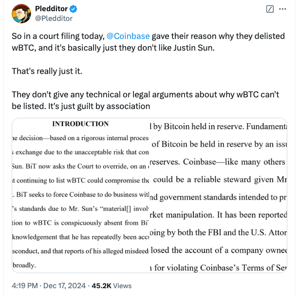 Coinbase slammed for linking wBTC delisting to Justin Sun