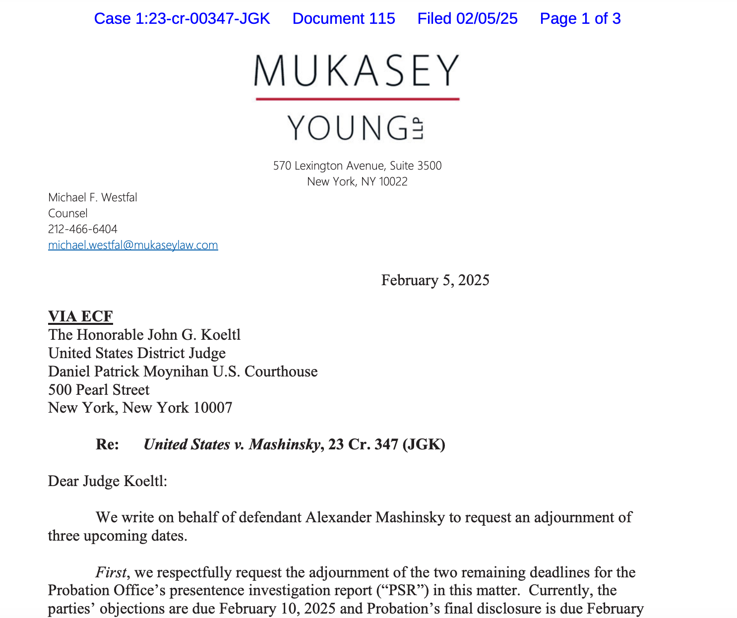 Alex Mashinsky requests one-month delay for sentencing hearing