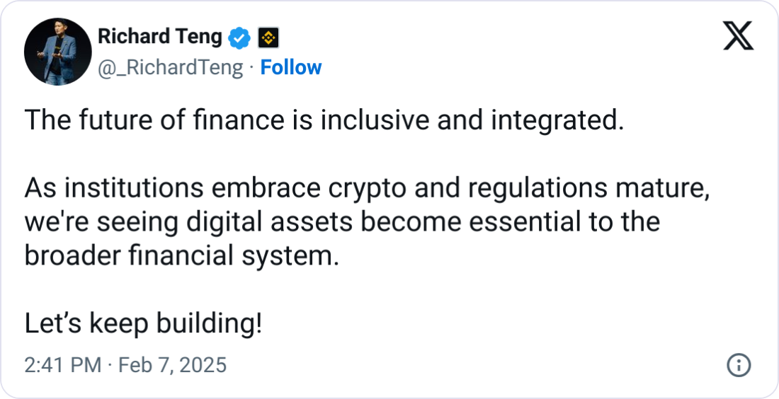Binance CEO highlights institutional role in driving Bitcoin adoption
