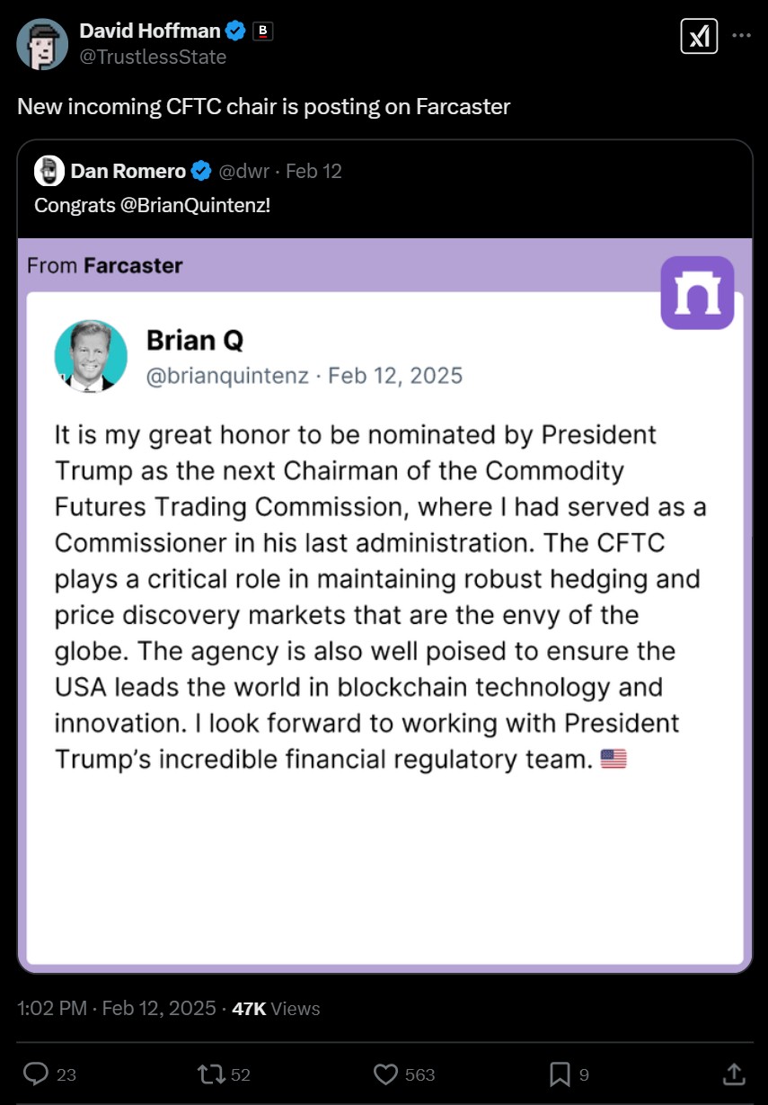 Trump’s CFTC pick uses Farcaster to tout nomination