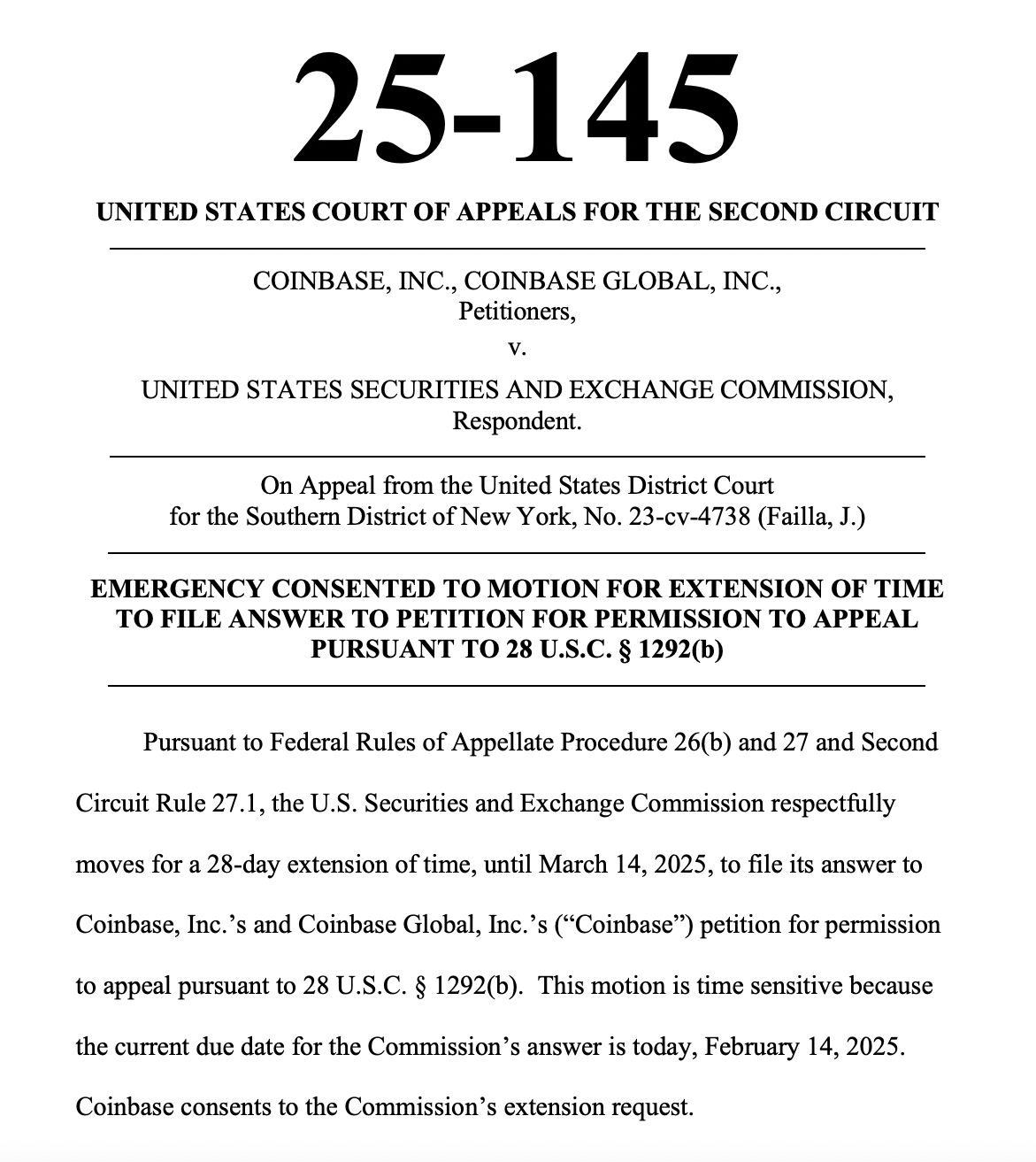 SEC asks for 28 more days to respond to Coinbase's appeal