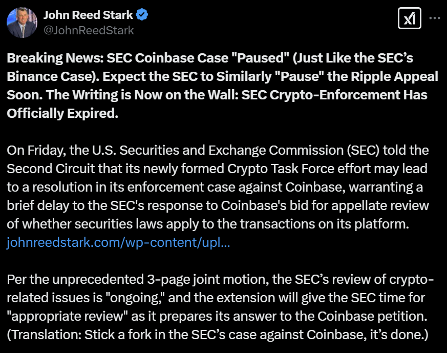 SEC’s deadline extension is a ‘fork’ in case against Coinbase — John Reed Stark