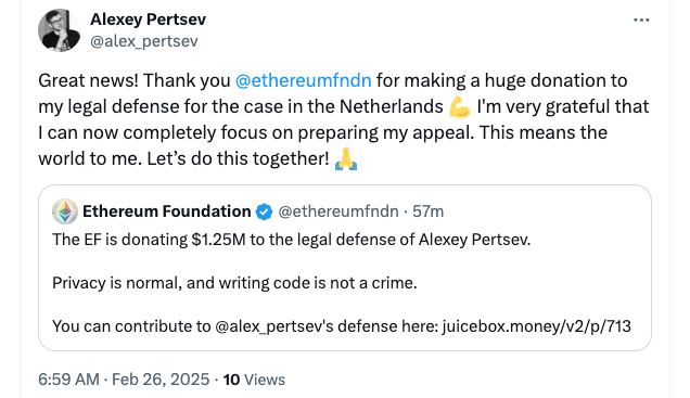 Ethereum Foundation pledges $1.25M to Tornado Cash developer’s defense