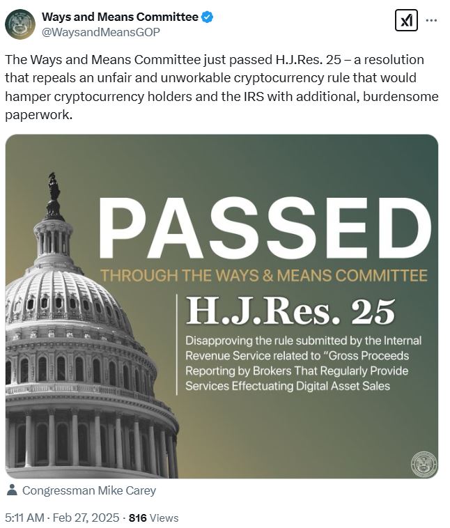 US lawmakers advance resolution to repeal ‘unfair’ crypto tax rule