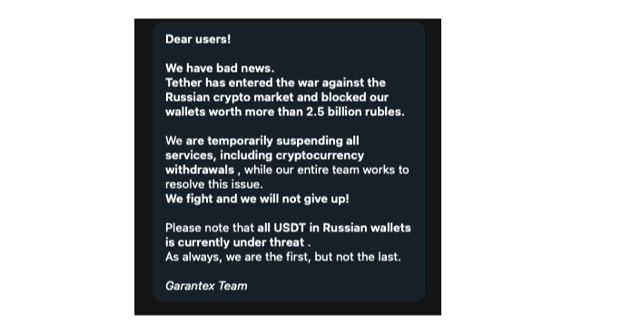 Tether freezes $27M USDT on sanctioned Russian exchange Garantex
