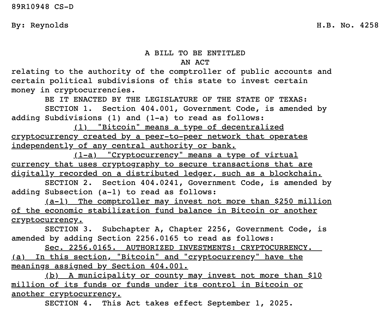 Texas lawmaker seeks to cap state’s proposed BTC purchases at $250M