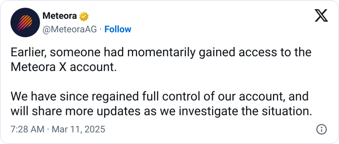 Meteora says co-founder’s X account hacked after ‘parasitic’ memecoin post
