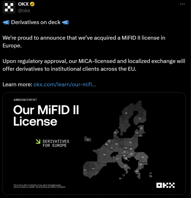 Crypto exchange OKX secures MiFID II license in Europe