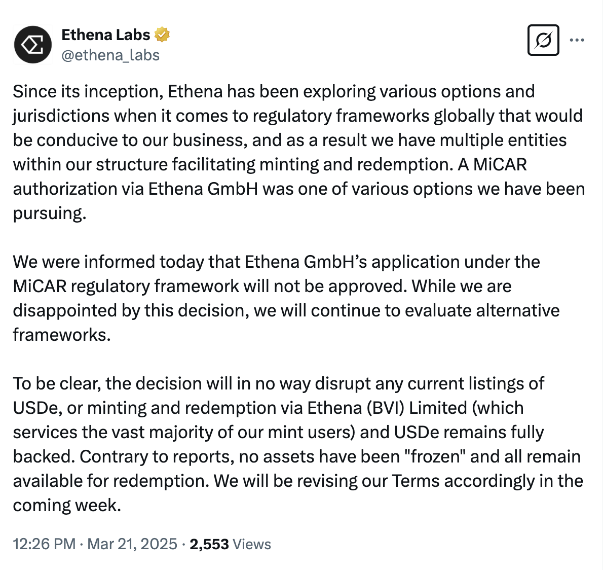 German financial regulator prohibits sales of Ethena's USDe