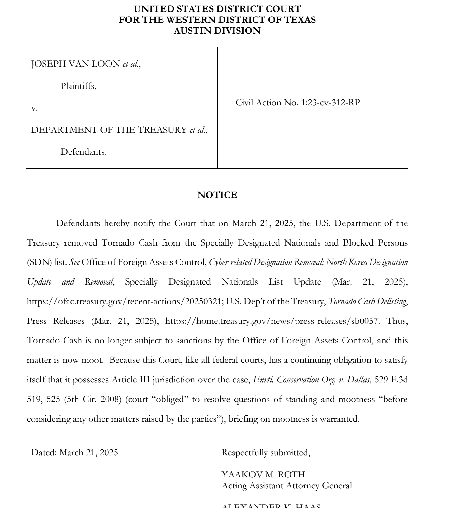 US Treasury argues no need for final court judgment in Tornado Cash case