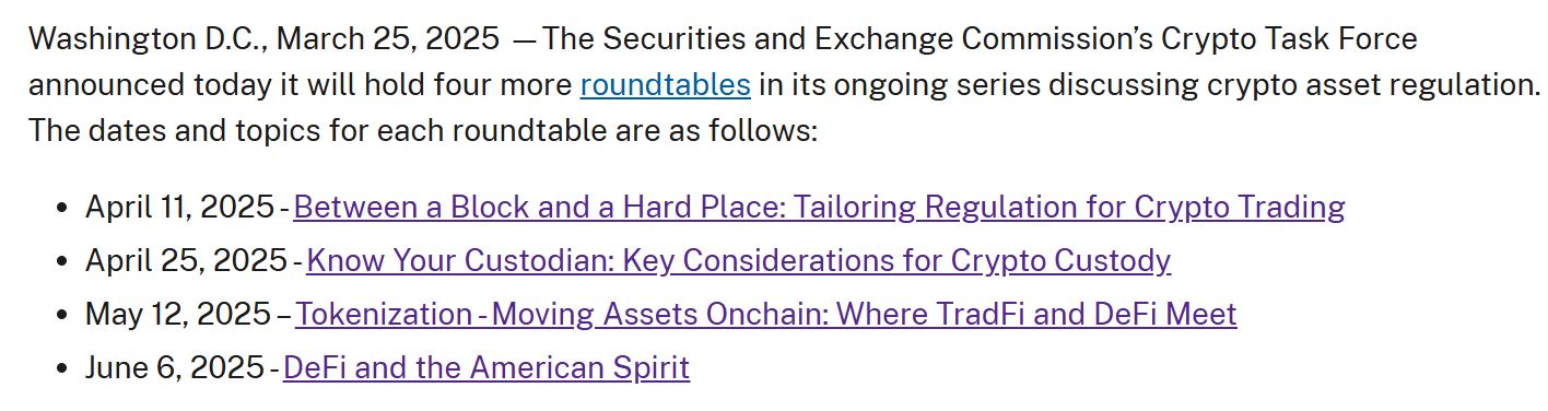 SEC plans 4 more crypto roundtables on trading, custody, tokenization, DeFi