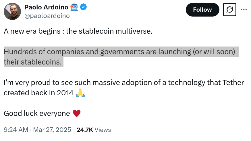 ‘Stablecoin multiverse’ begins: Tether CEO Paolo Ardoino
