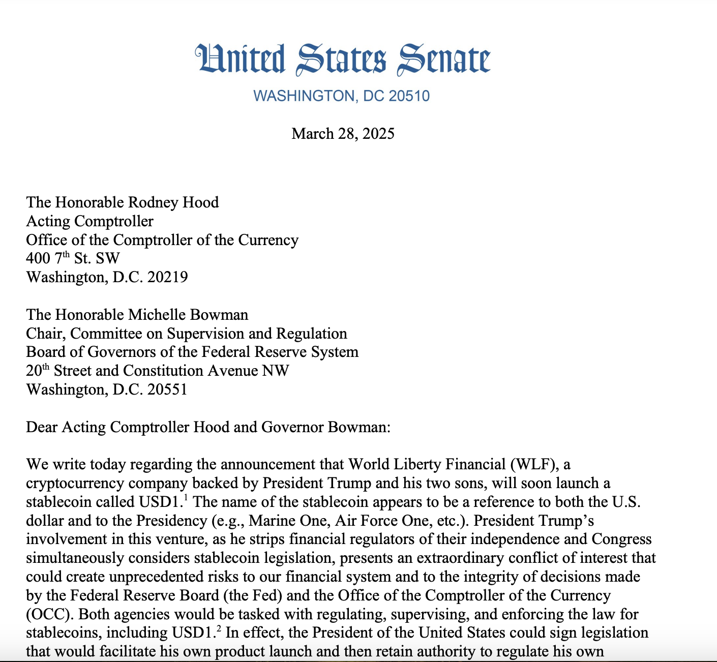 Senators press regulators on Trump’s WLFI stablecoin
